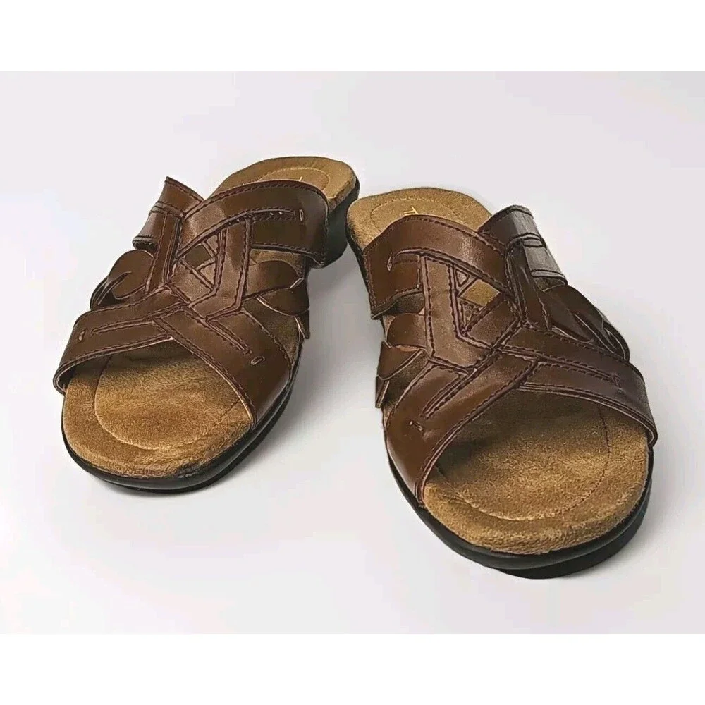 Thom McAn Willa Brown Leather Wedge Sandals Womens Slip On Size 8.5 M 50077 EUC - Picture 2 of 11